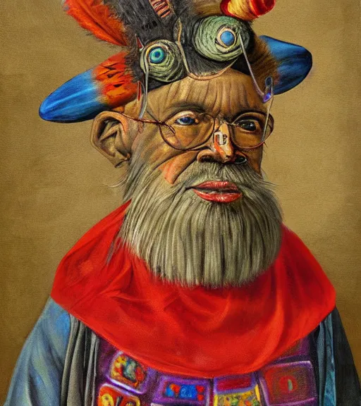 Image similar to Portrait painting in a style of Hieronim Bosch of an old shaman dressed in a colorful traditional clothes.