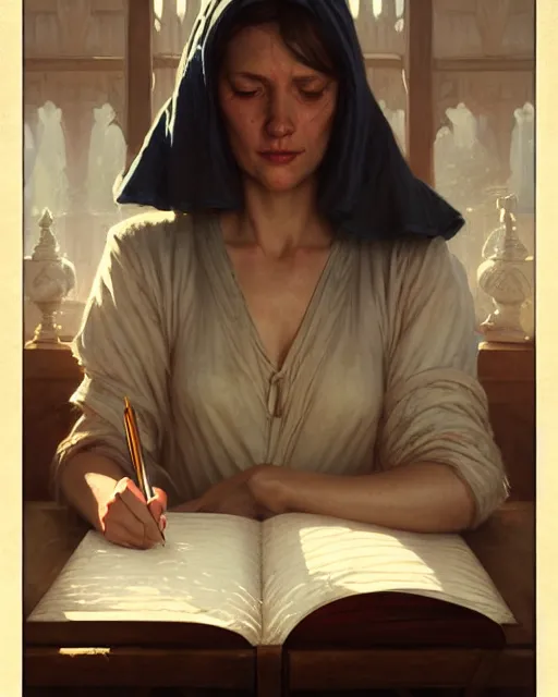 Image similar to old scribe writing a book, pov | | realistic shaded, fine details, realistic shaded lighting poster by greg rutkowski, magali villeneuve, artgerm, jeremy lipkin and michael garmash and rob rey