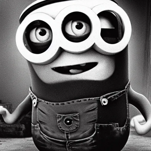 Image similar to A high quality black and white photo of the world's most infamous, serial killer, a minion named Minion the Ripper, shortly after claiming his last victim circa 1892.