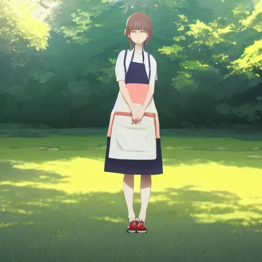 Image similar to a beautiful full body portrait of a young woman wearing an apron standing in a park, kantoku, makoto shinkai, james gilleard, very detailed, matte, gaussian blur, tone mapped William-Adolphe