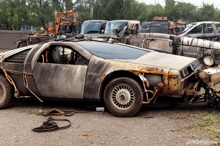 Image similar to rusty, derelict 1 9 2 2 delorean being dragged by a tow truck