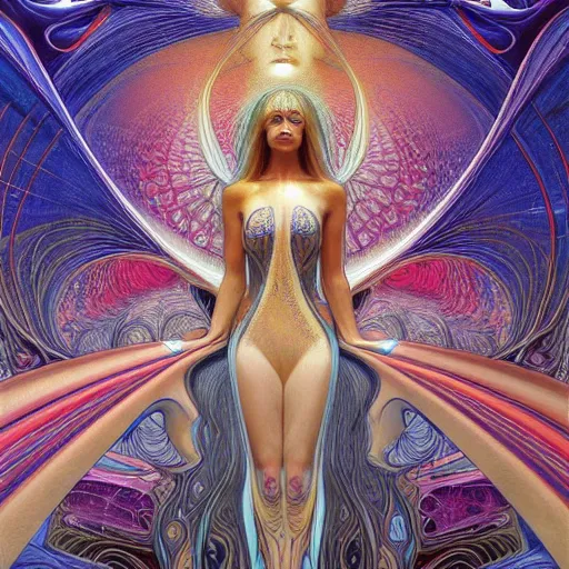 Image similar to queen of the galaxy by alex grey, zaha hadid, zdzisław beksinski, alphonse mucha. highly detailed, hyper - real, very beautiful, intricate fractal details, very complex, opulent, epic, mysterious, polished, futuristic design, trending on deviantart and artstation