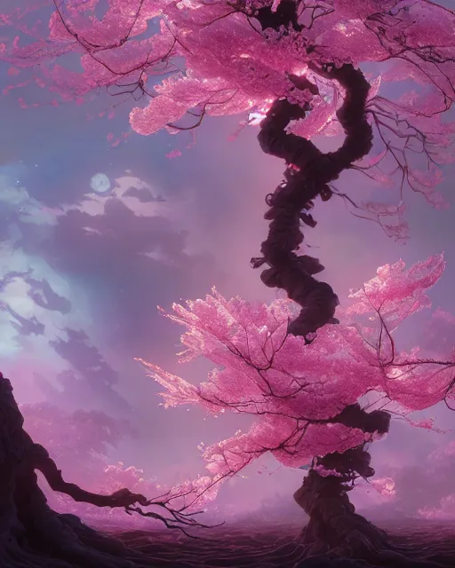 Image similar to one singular matte painting of a beauutiful bioluminescent cherry blossom tree, highly detailed, digital painting, cinematic, hyper realism, dark retrowave, art by stanley lau and artgem and magali villeneuve and alphonse mucha, artstation, octane renderer, cgsociety