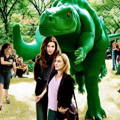 Prompt: The one where Ross leaves Rachel and gets out with a big green dinosaur in Central Park