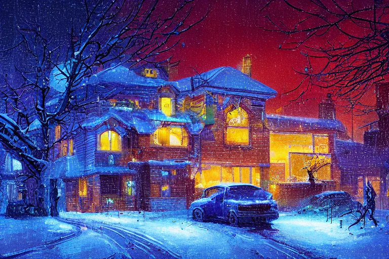 Image similar to cyberpunk, winter in the snow, Christmas lights, external view of a 5 bedroom detached cyberpunk house in the UK, by Paul Lehr