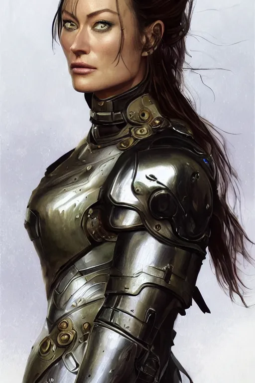 Image similar to a professionally painted portrait of Olivia Wilde, clothed in ancient battle armor, olive skin, long dark hair, beautiful bone structure, symmetrical facial features, scar across face, intricate, elegant, digital painting, trending on Artstation, concept art, smooth, sharp focus, illustration, from Metal Gear by Ruan Jia and Mandy Jurgens and Artgerm and and william-adolphe bouguerea, award winning