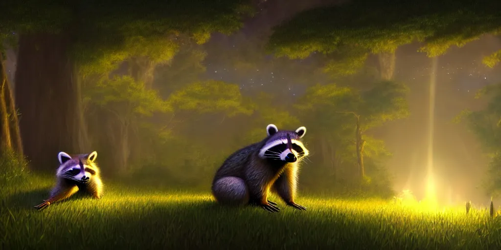 Prompt: raccoon, nature unique attractive, beautifully lit, by studio ghibli and albert bierstadt, 8 k volumetric lights unreal engine trending on art station