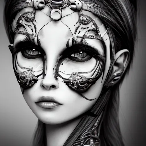 Prompt: a female model by chacarcter creator, photorealistic, biomechanical, intricate details, hyper realistic, canon r 3, photography, wide shot, photography, photorealistic, canon r 3, photography, wide shot, photography, dark beauty, symmetrical features