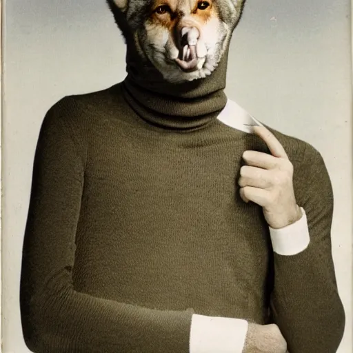 Image similar to handsome male anthropomorphic wolf, wearing a turtleneck, realistic advertising magazine photo