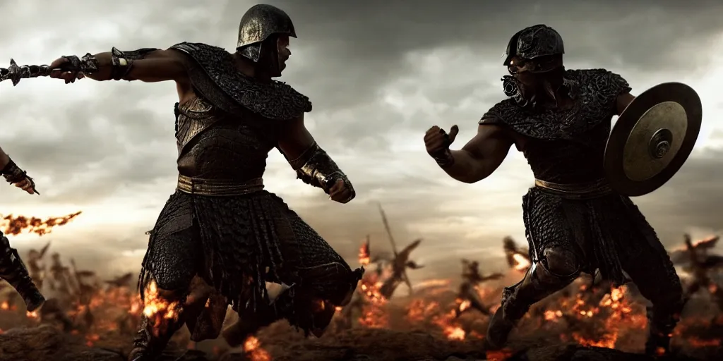 Image similar to epic battle screen of hero, film still from the movie'3 0 0'( 2 0 0 6 ), 3 d, 8 k realistic, cryengine, playstion 5 screen, cinematic lighting