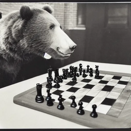 Prompt: Vintage photo of a bear playing chess