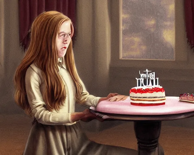 Image similar to Forrest gump eating a cake in hogwarts, digital art, highly detailed, in the style of David Villegas