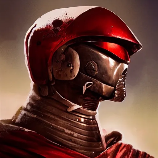 Image similar to a towering soldier with vertical nose slits, wearing blood - spattered glossy sleek white dinged scuffed armor and a long torn red cape, heroic posture, battle - weary, strained expression, determined expression, no helmet, on the surface of mars, dramatic lighting, cinematic, sci - fi, hyperrealistic, detailed