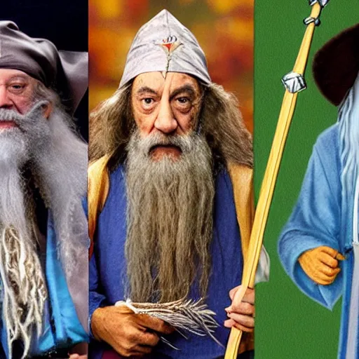 Image similar to Cheech & Chong as Dumbledore and Gandalf, Full-Wizard smock and hat, wizard's chain-necklace and spell scepter