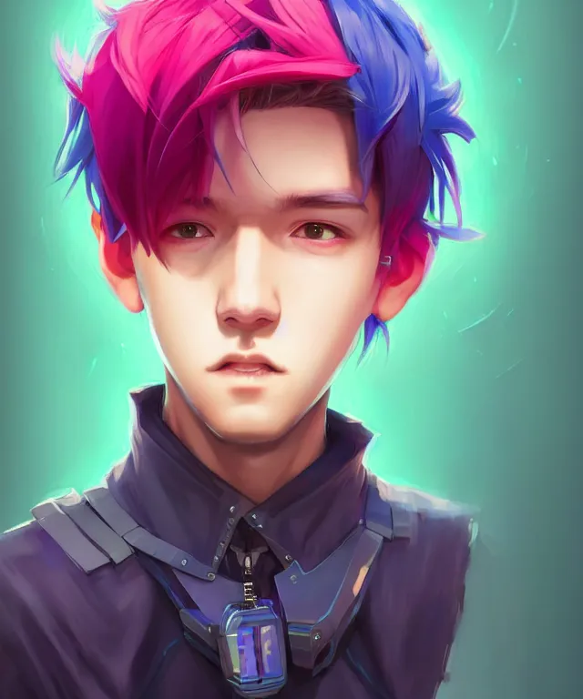 Image similar to character concept art of a cute young cyberpunk boy with colorful hair and collar | | cute - fine - face, pretty face, key visual, realistic shaded perfect face, fine details by stanley artgerm lau, wlop, rossdraws, james jean, andrei riabovitchev, marc simonetti, and sakimichan, trending on artstation