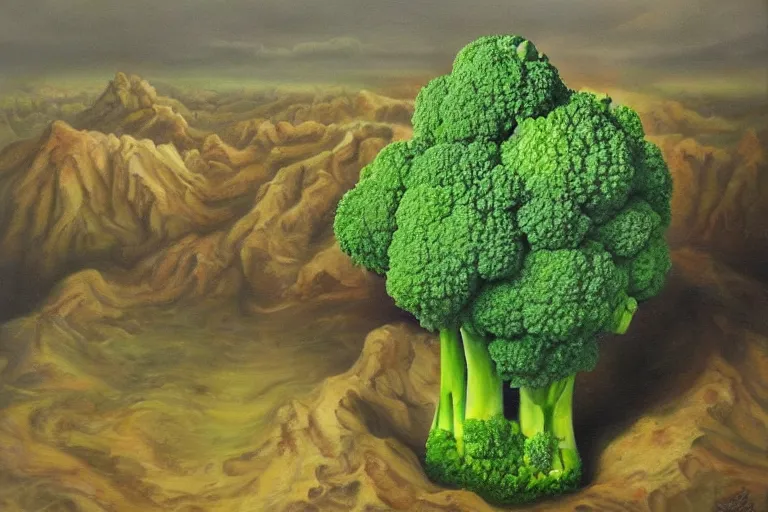 Prompt: broccoli hellscape, surrealism, elegant oil painting, highly detailed