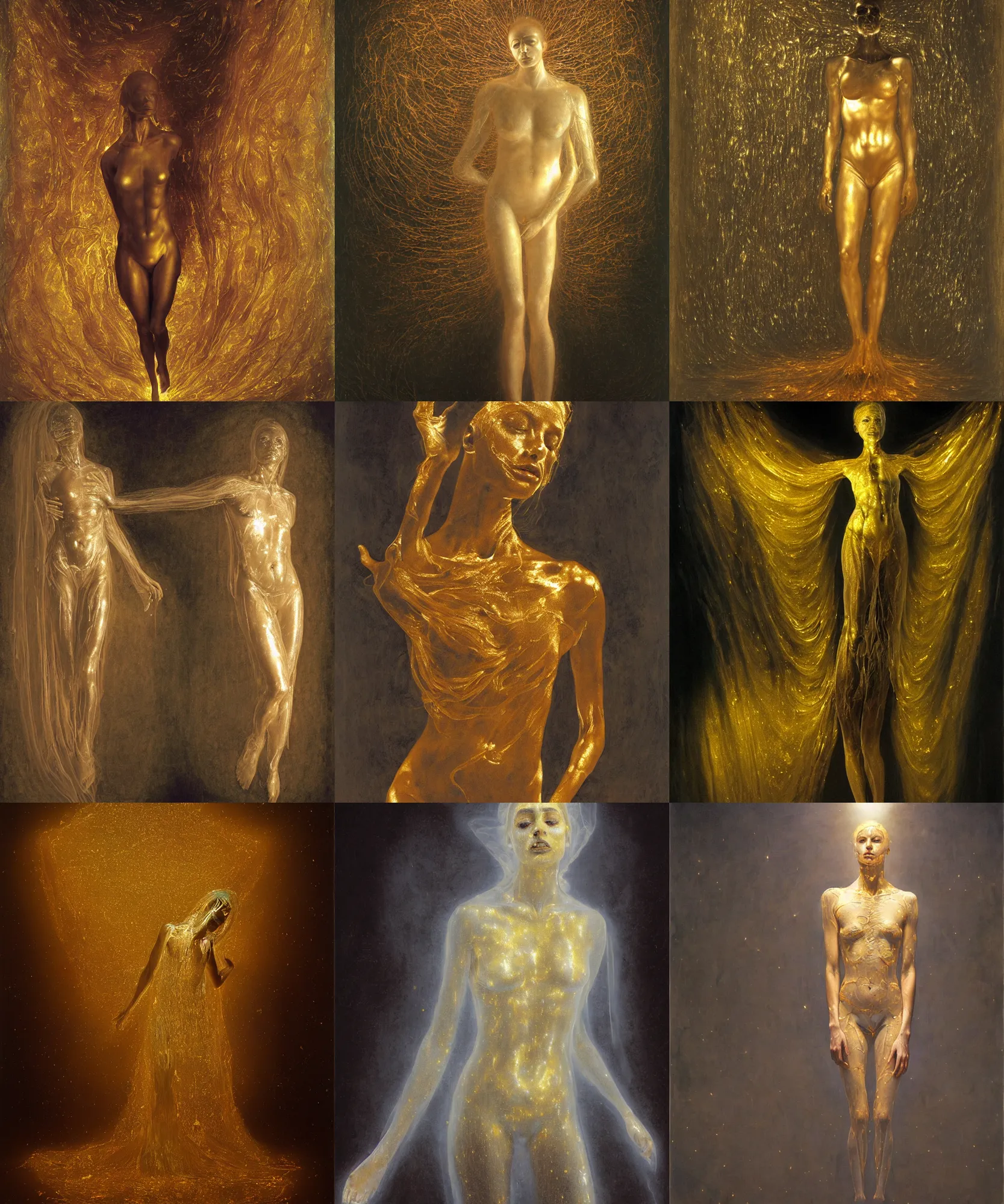 Prompt: Beautiful full-body wax sculpture of glowing transparent woman in glowing cloth with visible gold bones covered with melted white wax inside the singularity where stars becoming baroque folds of dark matter by Michelangelo da Caravaggio, Nicola Samori, William Blake, Alex Grey and Beksinski, dramatic volumetric lighting, highly detailed oil painting, 8k, masterpiece