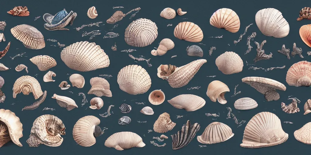 Image similar to full color page scan of various vintage sea shells illustrations on black background, in matte painting, 2 d, kitbash, 4 k