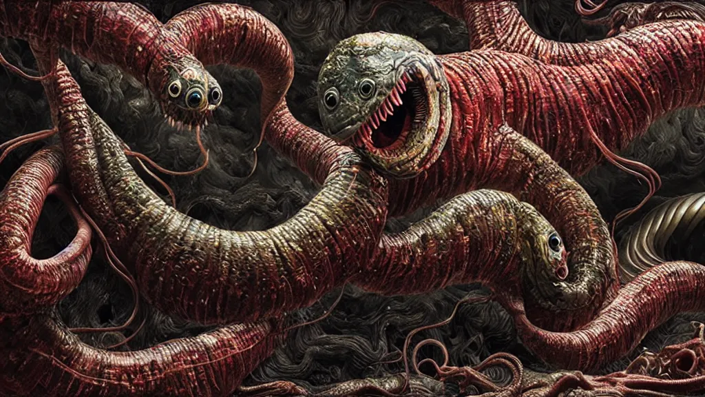 Image similar to screaming worm monster, maximalist, high detail, 8k, ornate, dark fantasy, realistic, masterpiece, complex, WLOP, film still from the movie directed by Denis Villeneuve with art direction