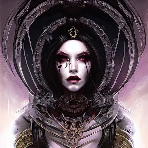 Image similar to queen of death. intricate portrait, occult cyberpunk, ancient futuristic, dark art, occult. by Petros Afshar, by artgerm, by Eddie Mendoza, by Peter mohrbacher