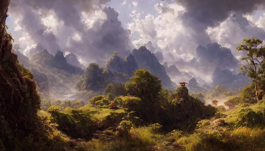 Image similar to excellent painted daemon in a wide epic beautiful landscape somewhere in asia with fluffy clouds, painted by Hans Fredrik Gude, Greg Rutkowksi, Craig Mullins and Artgerm, masterpiece, 4k, ultra realistic highly detailed oil painting