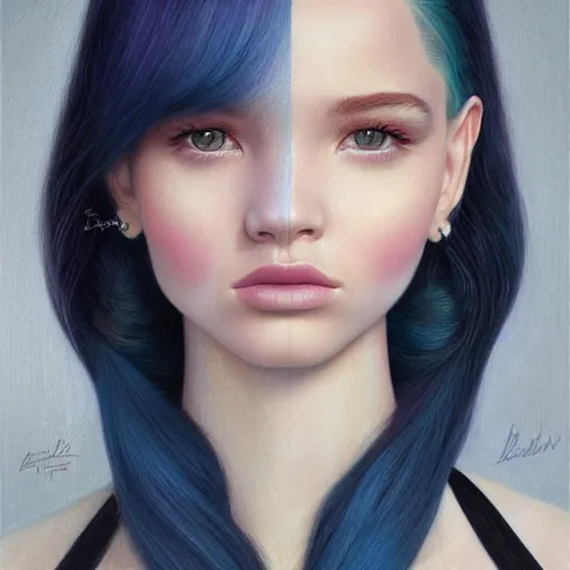 Prompt: tom bagshaw, very beautiful mutation of madison beer bella poarch dove cameron in a sailor suit flirting smile, randomly lustrous dyed hair, professionally retouched, focus eyes, ultra realistic soft painting, insanely detailed linework, symmetrical accurate intricate features, behance artstation, 8 k, - signature