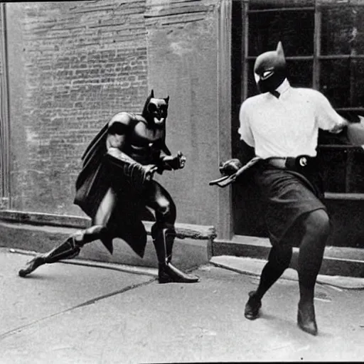 Image similar to old black and white photo, 1 9 2 5, depicting batman fighting a man in vintage suit in an ally of new york city, rule of thirds, historical record