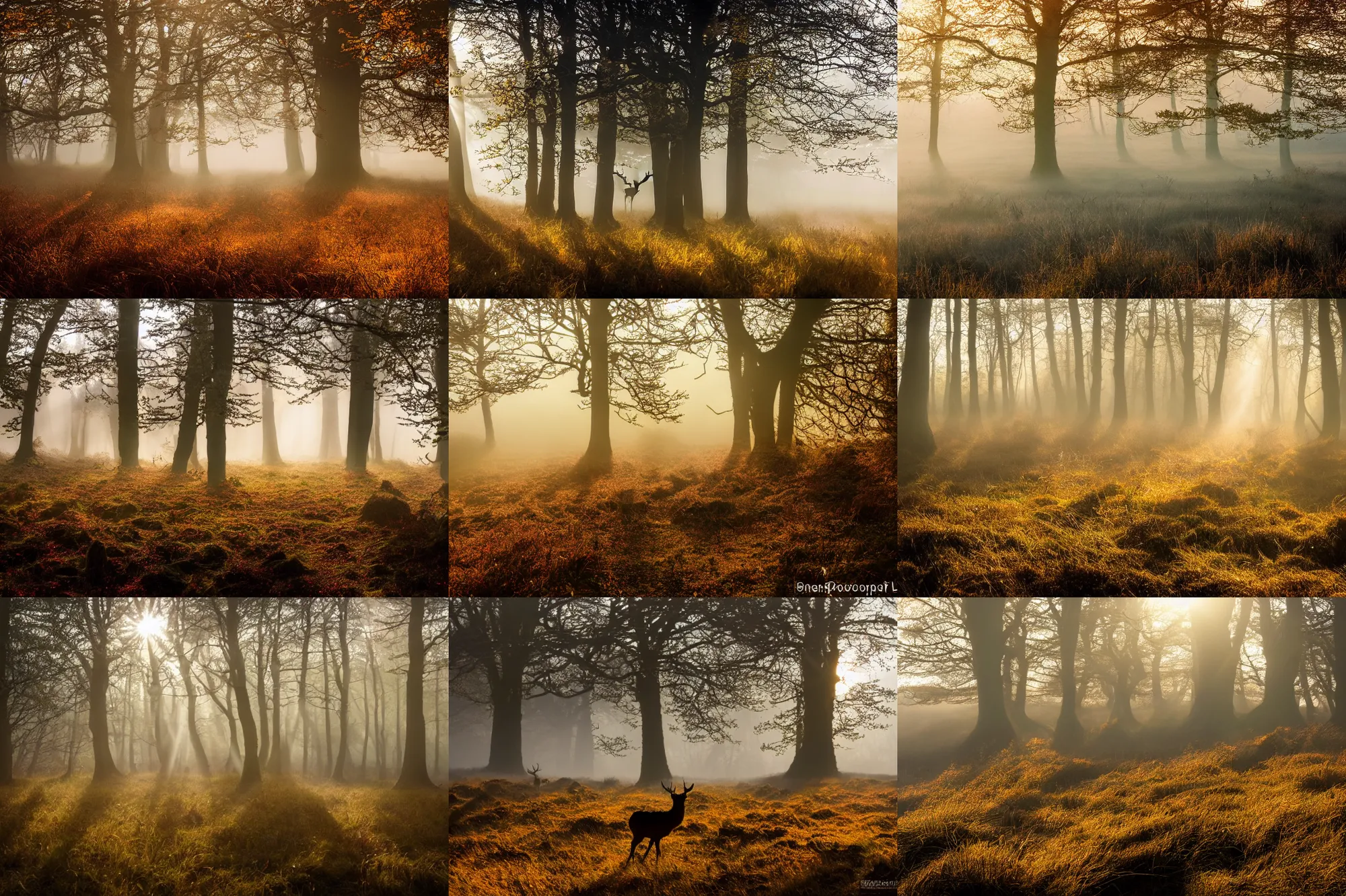 Prompt: beautiful landscape photography of ashdown forest, misty morning in autumn, dew drops, glistening, stag deer, sun rays, lpoty, award winning