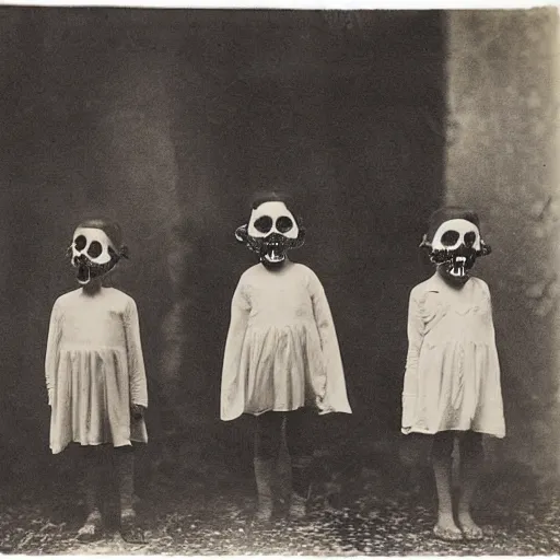 Image similar to portrait of children wearing skull masks, photograph, style of atget, 1 9 1 0, creepy, dark