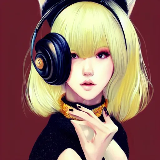 Image similar to realistic beautiful gorgeous natural cute Blackpink Lalisa Manoban blonde hair cute fur blonde cat ears wearing headphones wearing black leather choker in sweaters outfit golden eyes artwork drawn full HD 4K highest quality in artstyle by professional artists WLOP, Taejune Kim, Guweiz, ArtGerm on Artstation Pixiv