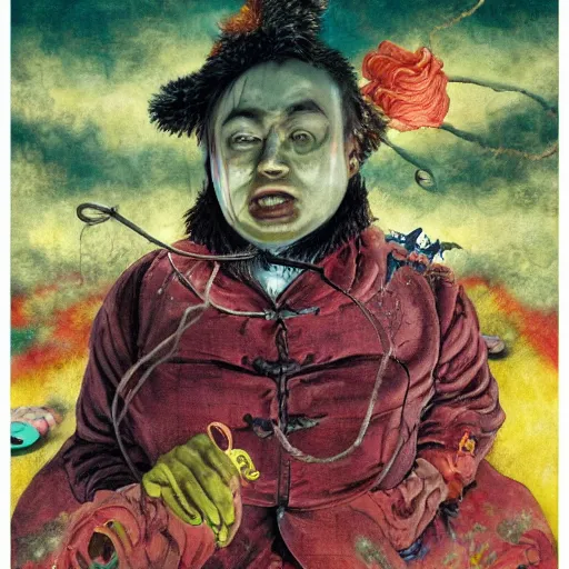 Prompt: chinese prisoner eating melting crayons, wearing victorian regalia, elite, disfigured, drooling, moist, unnatural movement, they are happy, bizzaro, baroque, renaissance, by emedios varo and anato finnstark and fenghua zhong, hyperrealism, 8 k, 3 d, hyperrealism, masterpiece,, texture, captivating, awe inspiring