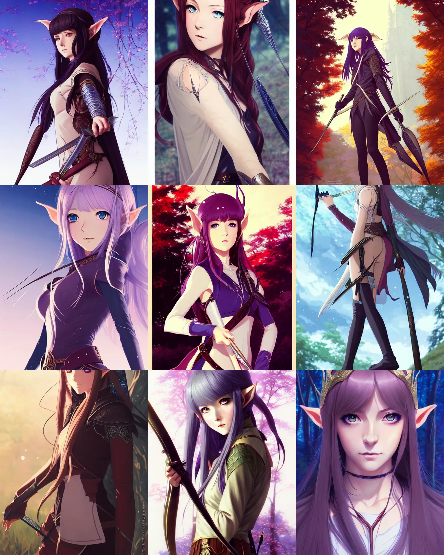 Prompt: A beautiful young elven huntress || very anime, full-body portrait, official character art, fine-face, pretty face, magic leather armor, realistic shaded Perfect face, fine details. Anime. realistic shaded lighting poster by Ilya Kuvshinov katsuhiro otomo ghost-in-the-shell, magali villeneuve, artgerm, Jeremy Lipkin and Michael Garmash and Rob Rey