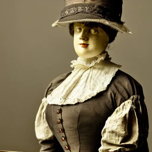 Image similar to close up portrait of a life size victorian female automaton standing in with a bicycle, 8 k, soft lighting, highly detailed realistic, face in focus 1 8 9 0's liminal