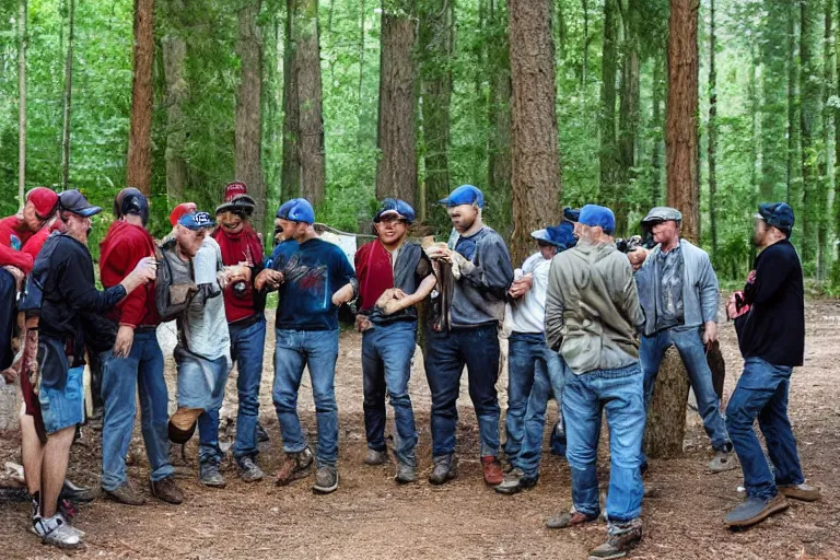 Image similar to mid - thirties guys in baseball caps binge drinking in a forest, in the style of skovgaard