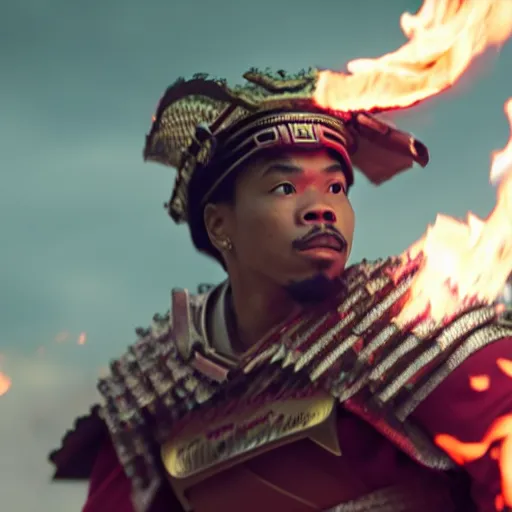 Image similar to cinematic film still of Chance The Rapper starring as a Samurai holding fire, Japanese CGI, VFX, 2022, 40mm lens, shallow depth of field, film photography