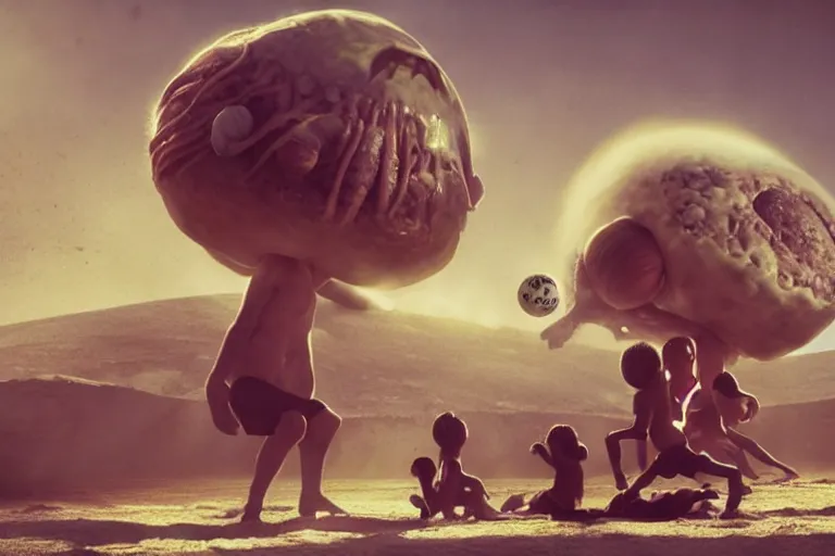 Prompt: movie scene portrait closeup, gigantic aliens playing volleyball with meatball or a pizza natural lighting by emmanuel lubezki