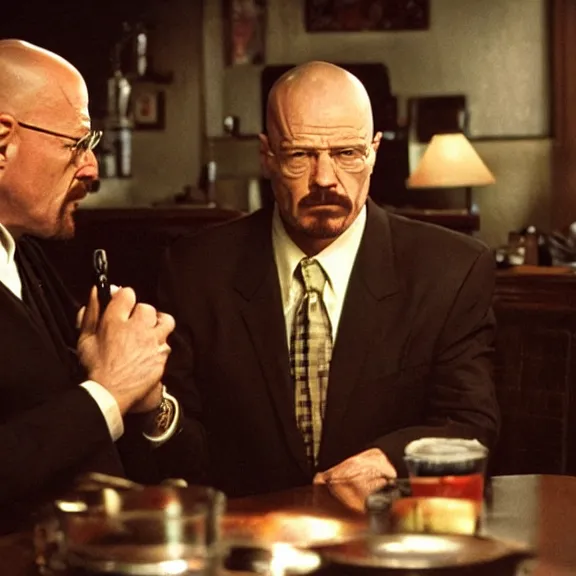 Image similar to Still of Walter White in The Sopranos at the Bada Bing talking with Tony Soprano, dark lighting