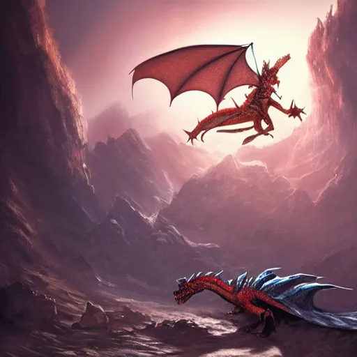 Image similar to photo of an armored knight confronting a large red scaly dragon sleeping on a mountain of human bones in a dark dusty cave with a ray of light shining on it\'s face. The knight is very small in comparison to the dragon. The cave is full with sparkling gemstones and gold. Very detailed 8k. fantasy