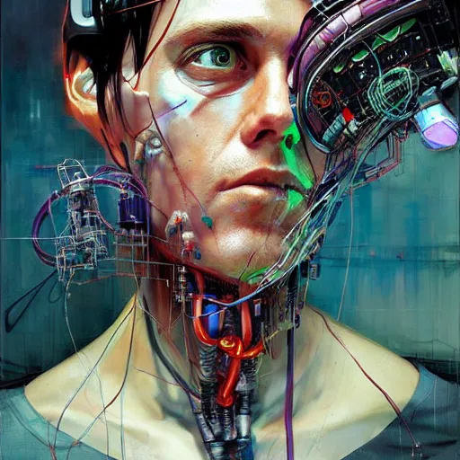 Image similar to zach greinke as a cyberpunk hacker, wires cybernetic implants, in the style of adrian ghenie, esao andrews, jenny saville, surrealism, dark art by james jean, takato yamamoto