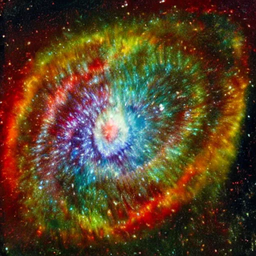 Prompt: exciting colored pencil art by dan flavin, by albert goodwin. sculpture. ngc 7 2 9 3 helix nebula in intrared by vista telescope, chile.