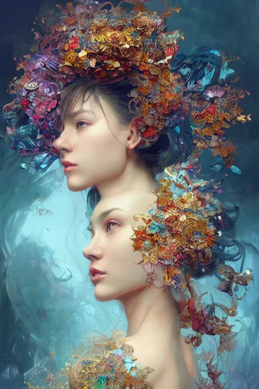 Image similar to a beautiful girl in intricate detailed color oilpaint, 3 d render, hyper realistic detailed portrait, flocking color leaves, ornate leaves headpiece, elegant, intense colors, ruan jia, wlop. scifi, fantasy, hyper detailed, octane render, concept art, by peter mohrbacher, by alphonse mucha, by wlop, by ruan jia