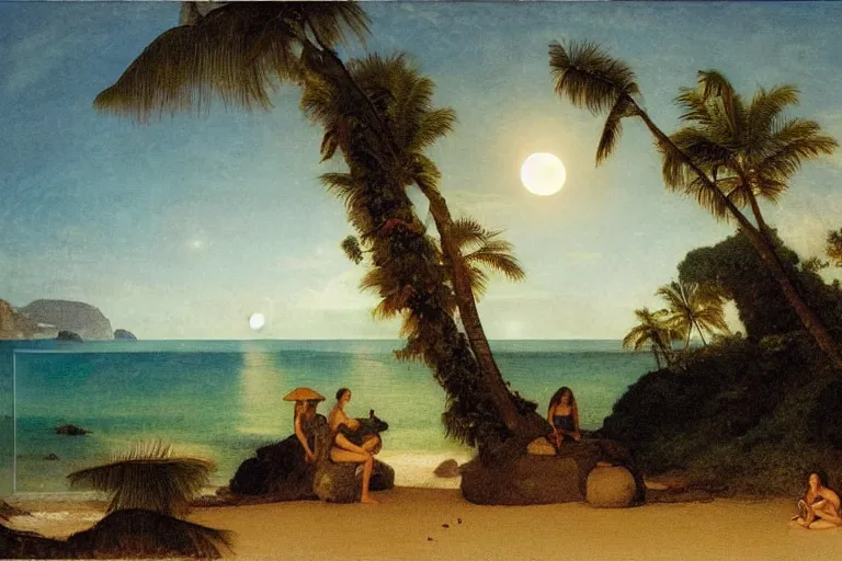 Image similar to The beach arch, refracted moon on the ocean, thunderstorm, greek pool, beach and Tropical vegetation on the background major arcana sky and occult symbols, by paul delaroche, hyperrealistic 4k uhd, award-winning, very detailed paradise