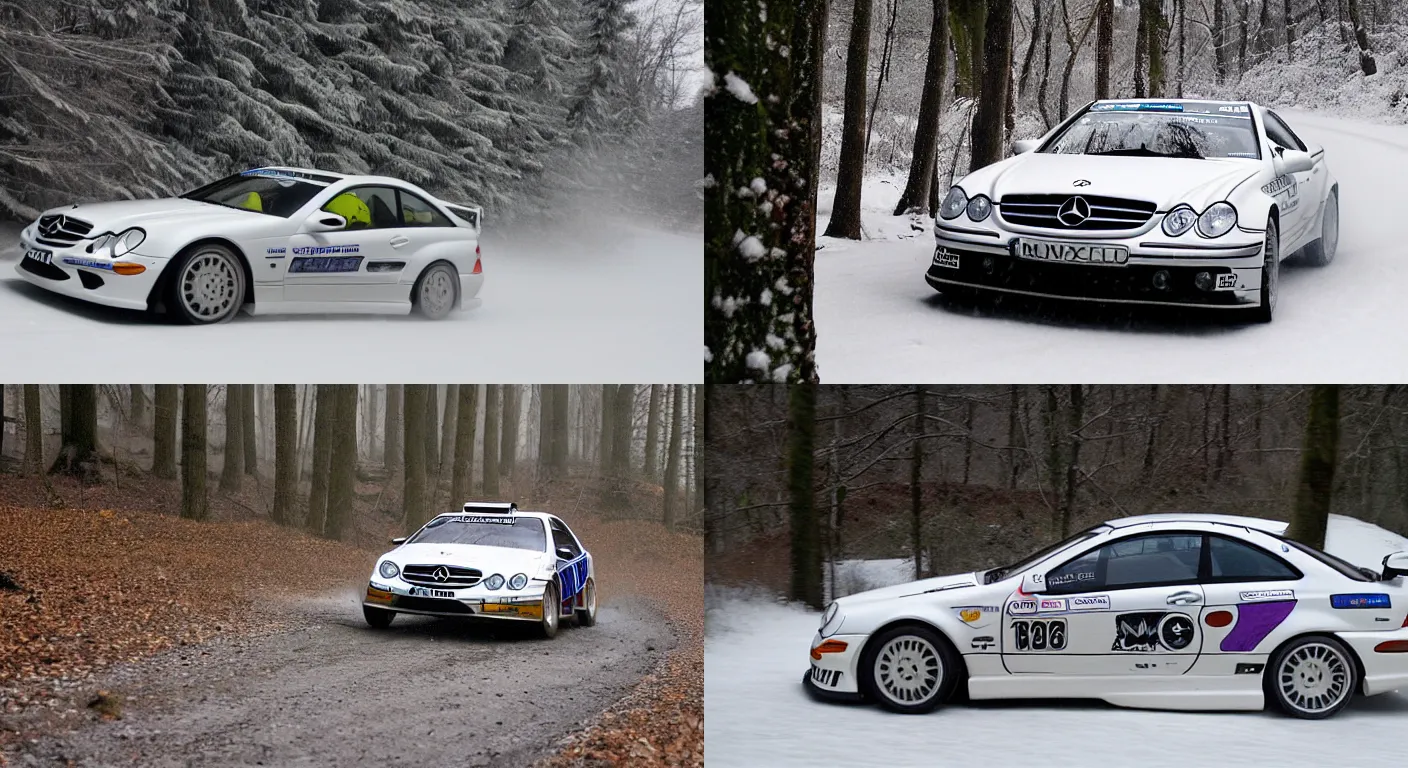 Prompt: a 2 0 0 3 mercedes - benz clk 5 5 amg, racing through a rally stage in a snowy forest