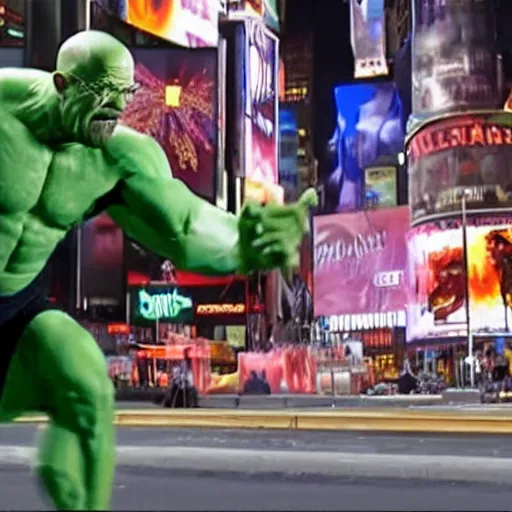 Image similar to walter white as incredible hulk throwing a car in time square