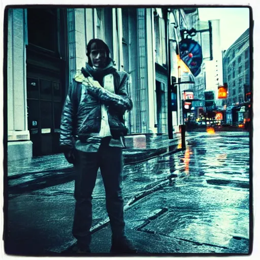 Image similar to connor kenway on the street of modern boston, rainy evening, sharp focus, shot on iphone,