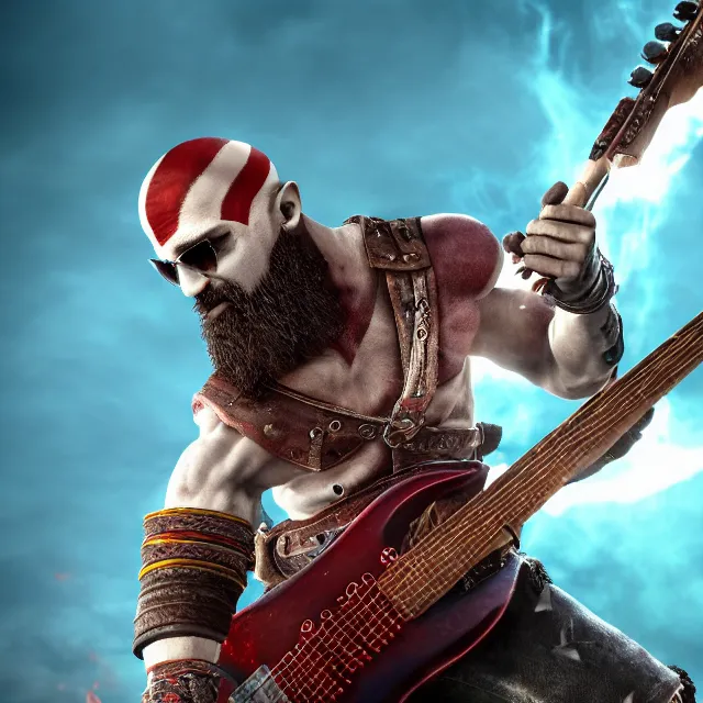 Prompt: sunglasses wearing kratos rocking out on a stratocaster guitar, cinematic render, god of war 2 0 1 8, playstation studios official media, sunglasses, lightning, flames, red stripe