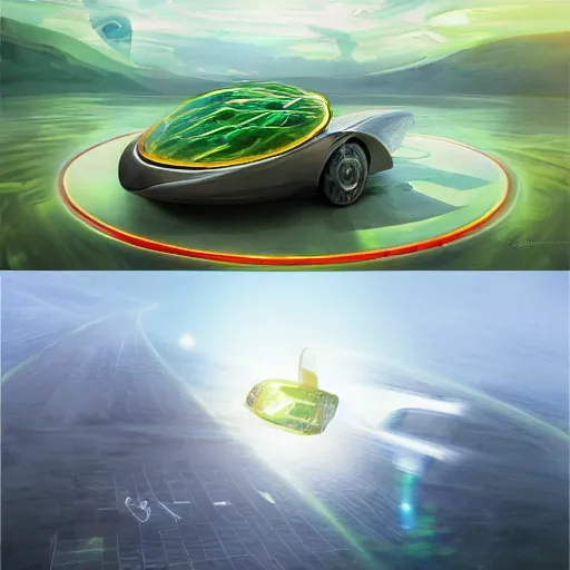 Image similar to solarpunk hovercar, clean energy, green technology, batoidea shape, airspace, sunny day, futurism, intricate, engines, autonomous, highly detailed, peaceful, utopia, bright, digital painting, advanced, artstation, concept art, smooth, sharp focus, epic landscape, art by akihiko yoshida and tim mcburnie and anato finnstark