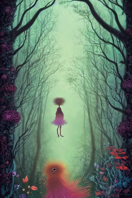 Image similar to surreal, fantasy, fairytale animals, flowerpunk, mysterious trail through the forest, by andy kehoe