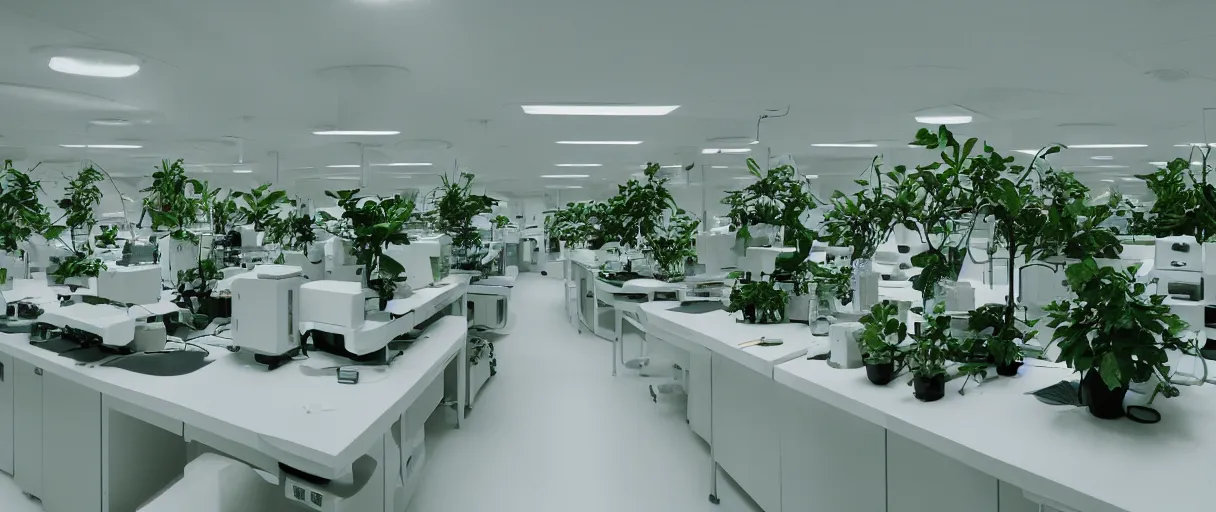 Prompt: movie still 4 k uhd 3 5 mm film color photograph of a clean white futuristic minimal biology lab full of plants