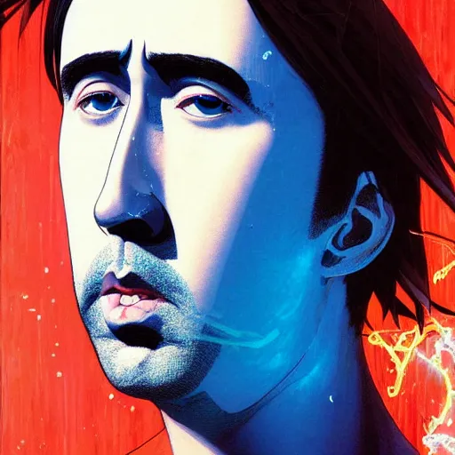 Prompt: prompt : blue nicolas cage illustration portrait soft light painted by james jean and katsuhiro otomo and erik jones, inspired by evangeleon anime, smooth face feature, intricate oil painting, high detail illustration, sharp high detail, manga and anime 1 9 9 9